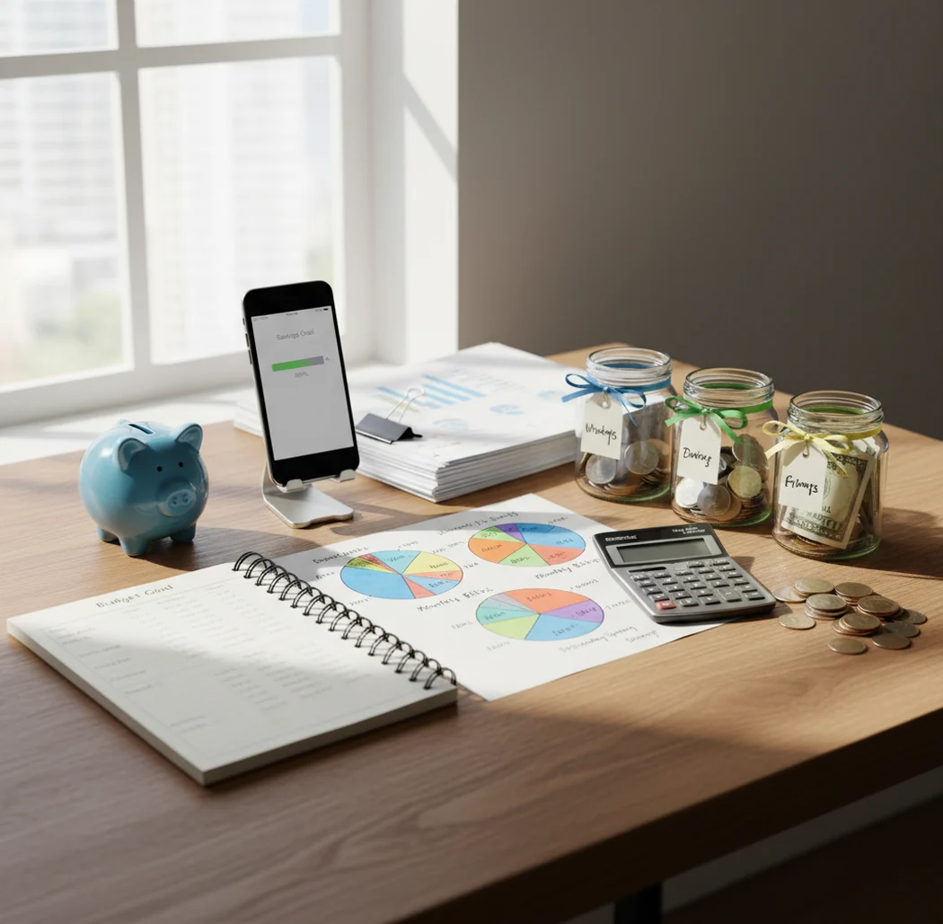 iPhone budgeting desk setup with savings jars, goal chart, calculator, and neatly stacked bills