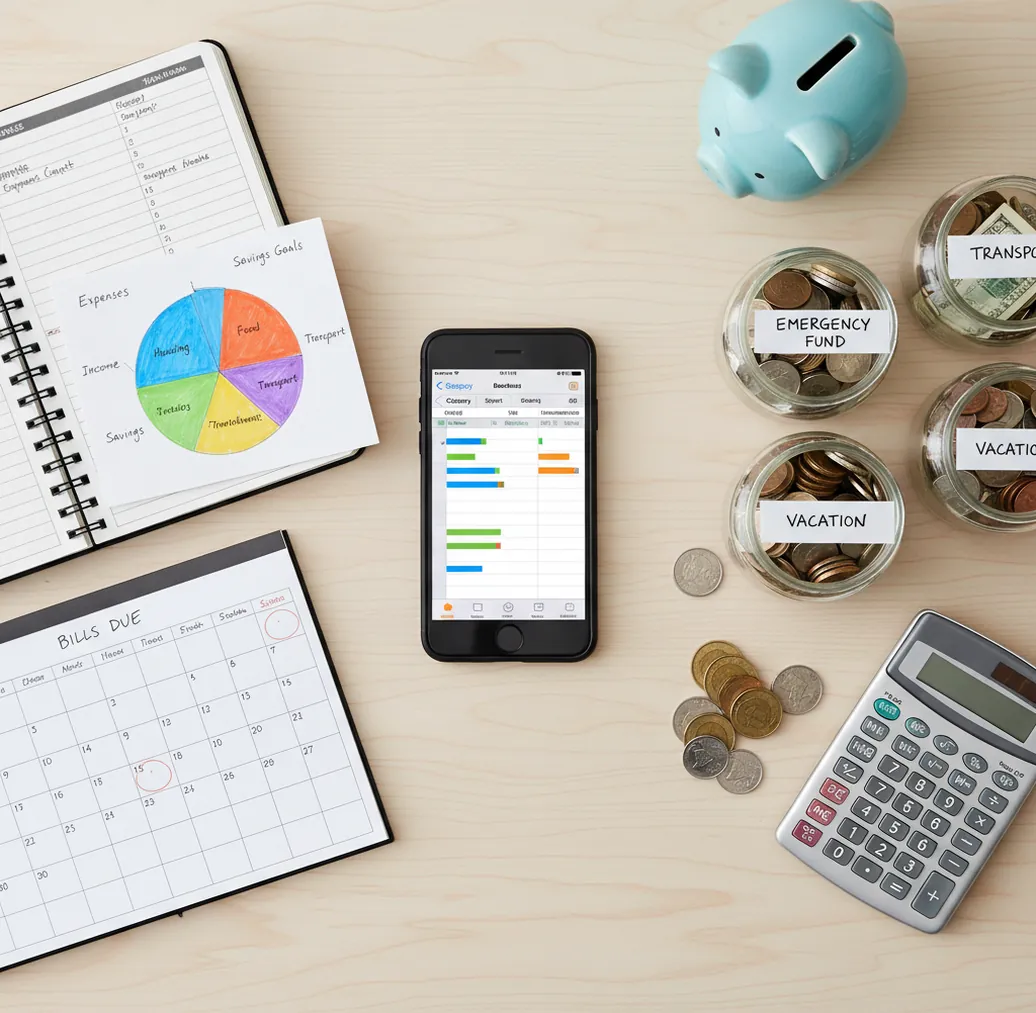 Side-by-side iPhone budgeting comparison with paper planner, charts, bills list, and savings jars