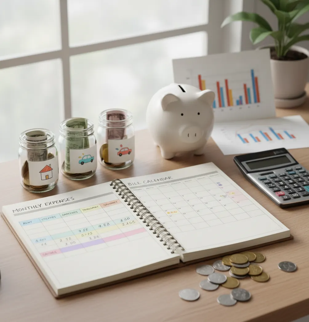 Neat desk with budget planner, bills, calculator, coins, and a savings jar