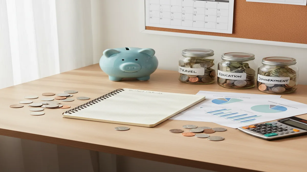 Clean desk with budget planner, calculator, coins, savings jars, printed charts, and bill calendar pages