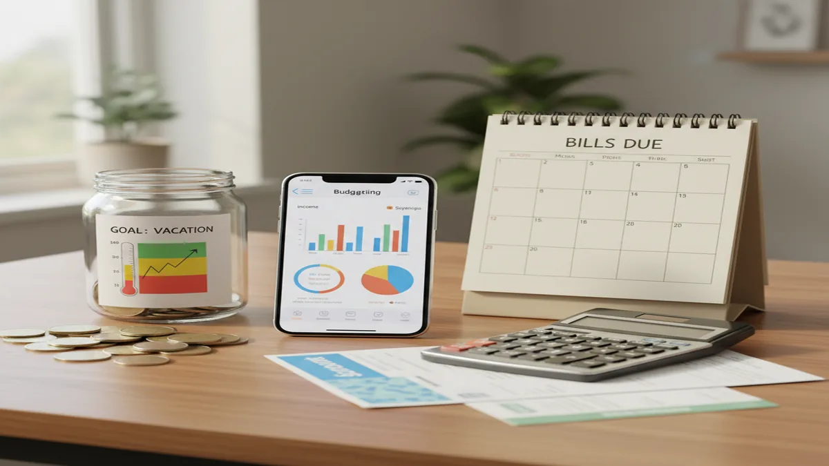 iPhone beside a bill calendar, budget planner sheets, calculator, and neatly stacked utility invoices