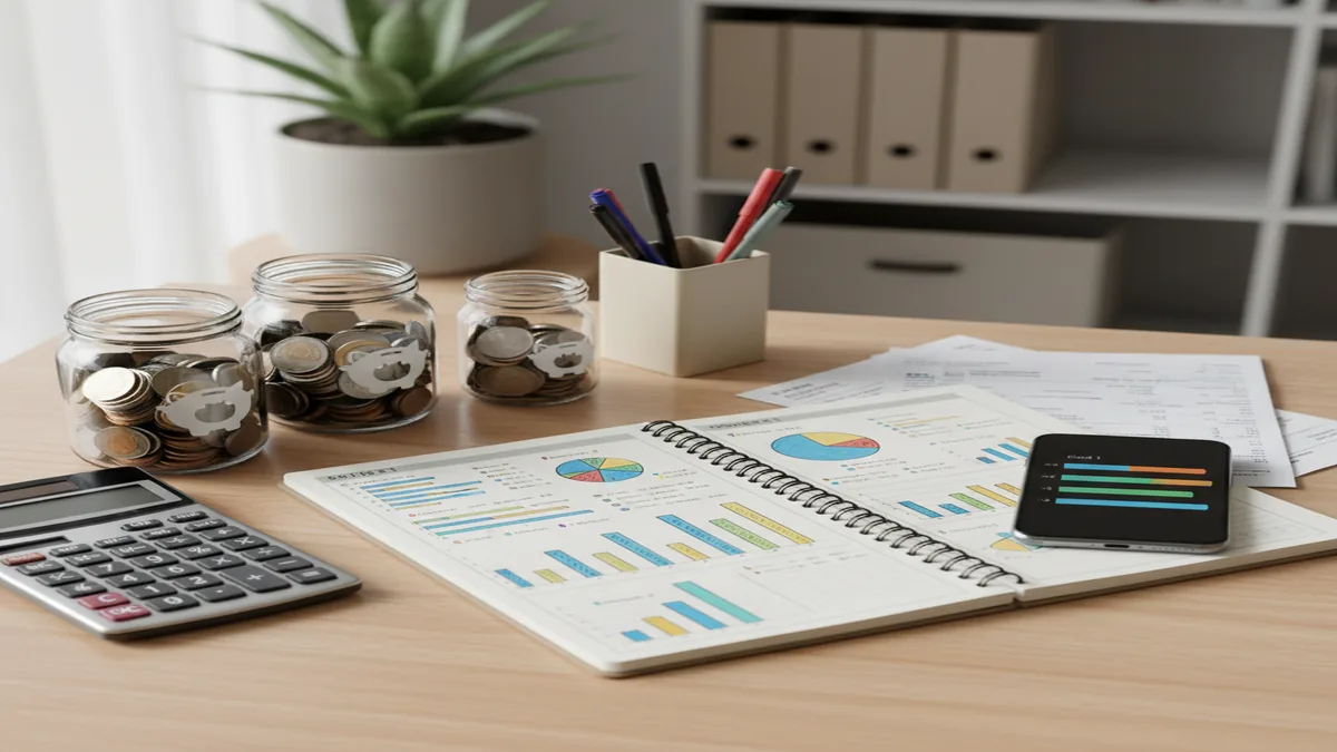 Clean desk with budget planner, charts, savings jars, calculator, coins, and printed bills neatly arranged