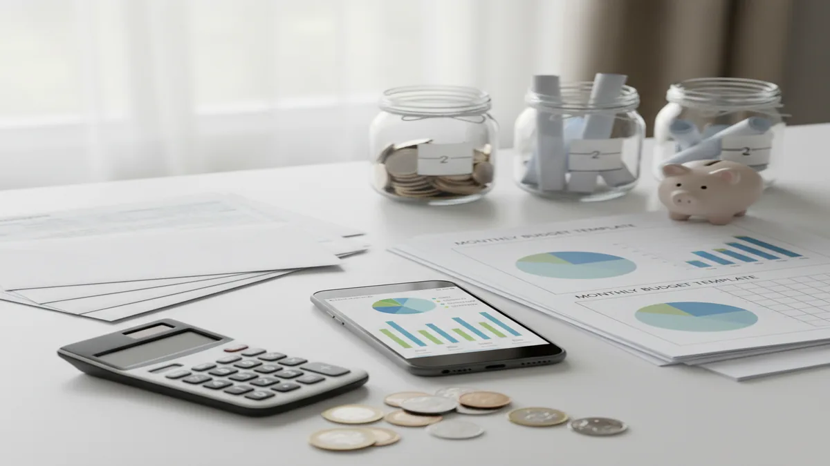 iPhone beside budget planner pages, category charts, savings jars, calculator, coins, and neat financial documents