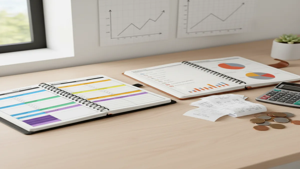 Two notebooks labeled for planning and tracking, with receipts, calculator, and charts on a desk