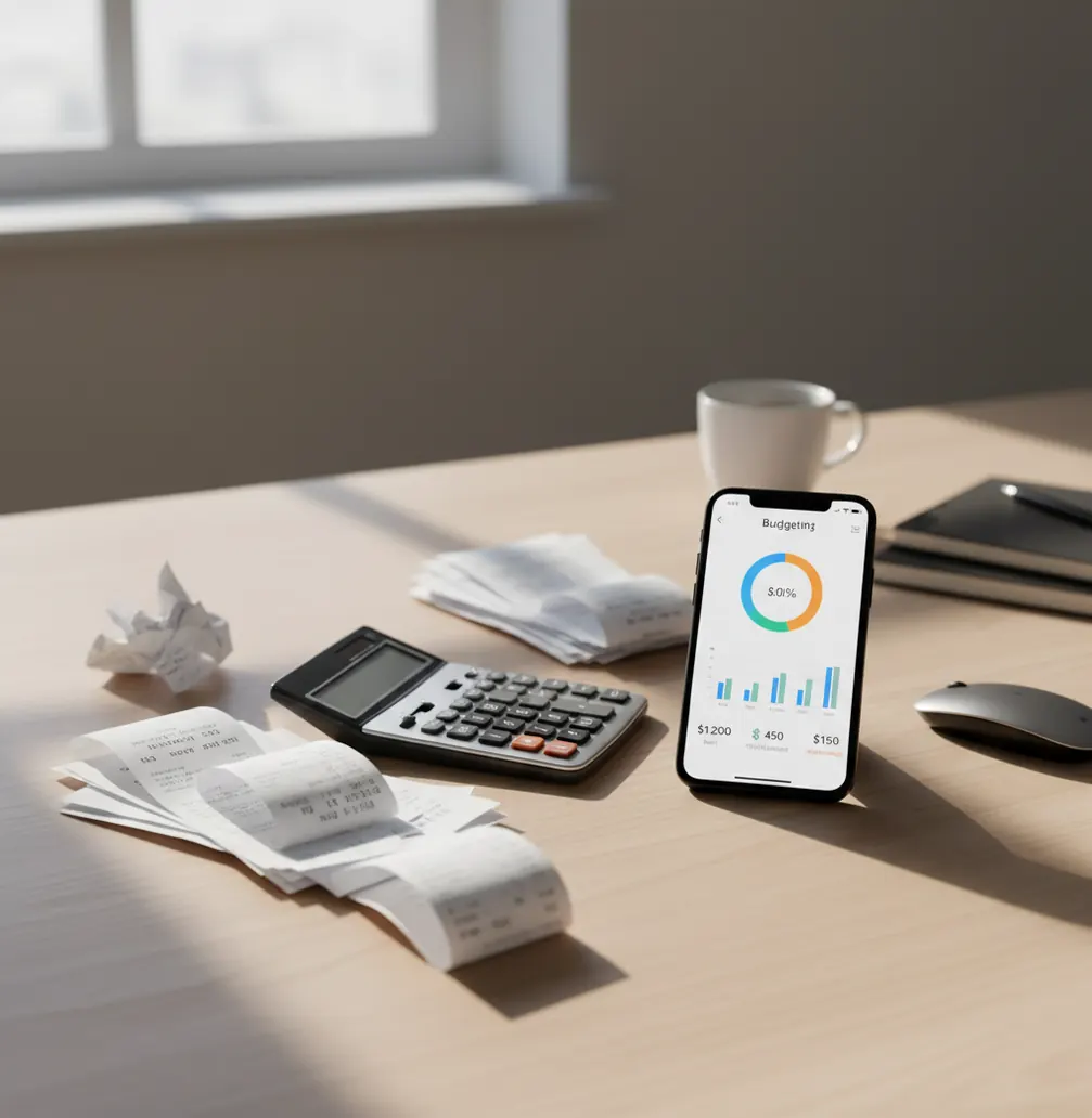 Smartphone budgeting dashboard on desk with receipts, calculator, and spending charts