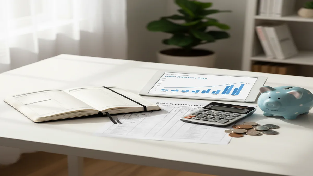 Clean desk with calculator, debt payoff chart, payment schedule, coins, and organized budget planner notebook.