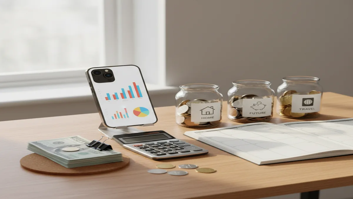 iPhone beside budget planner, savings jars, calculator, and neat bills on a clean desk