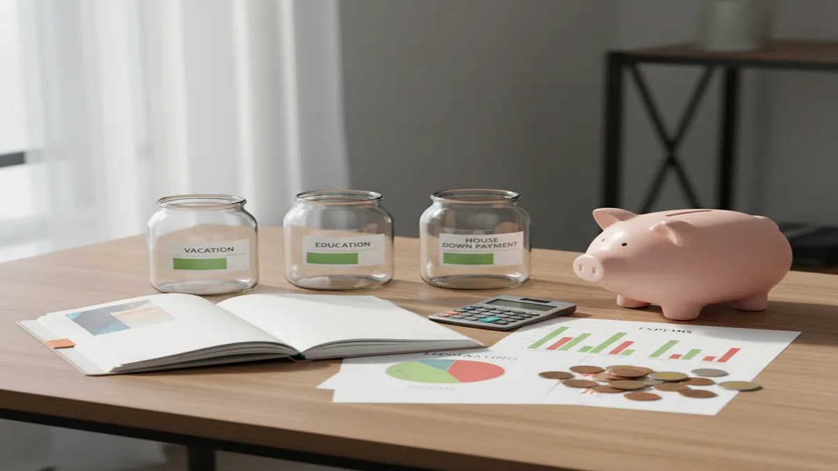 Clean desk with budget planner, printed charts, calculator, coins, and savings jars showing progress.