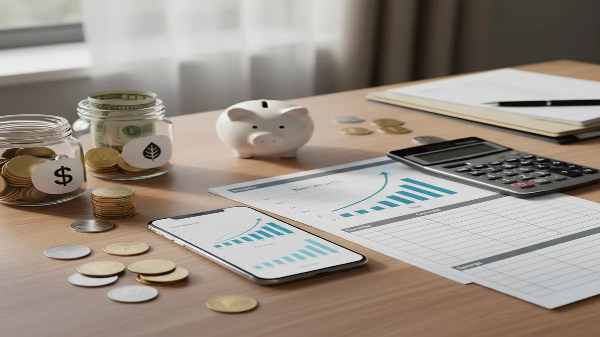 iPhone beside net worth charts, calculator, coins, and organized budget planner on a clean desk