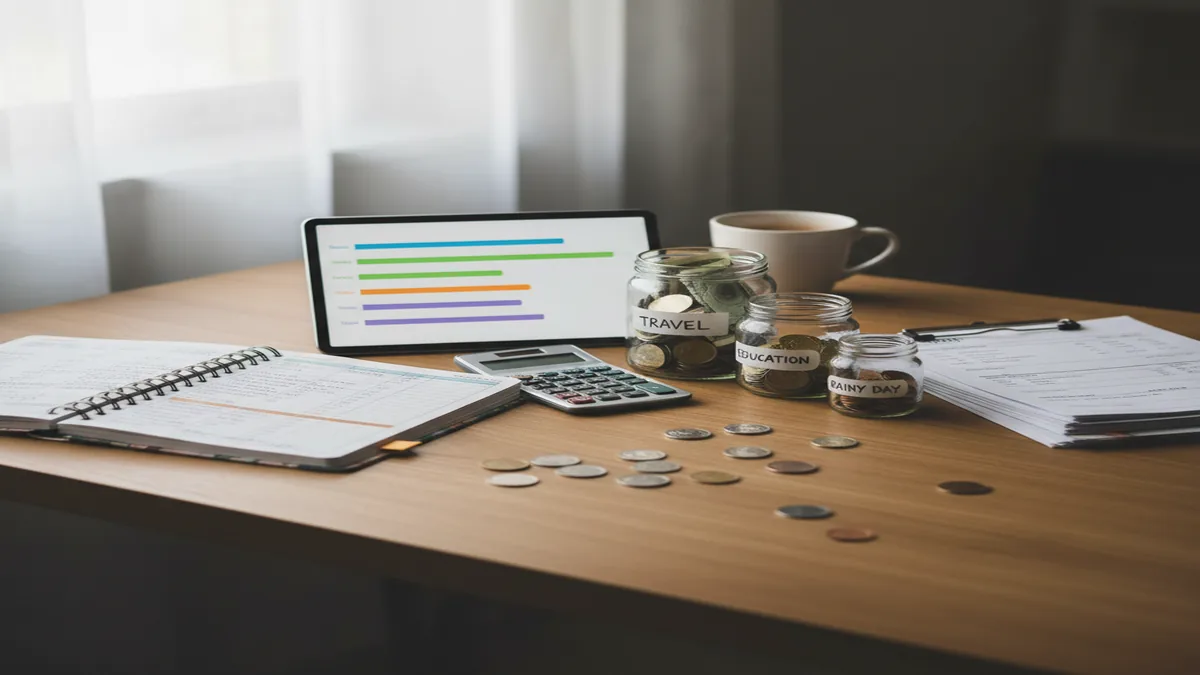 Clean desk with savings jars, budget planner, progress chart, calculator, coins, and monthly bill calendar
