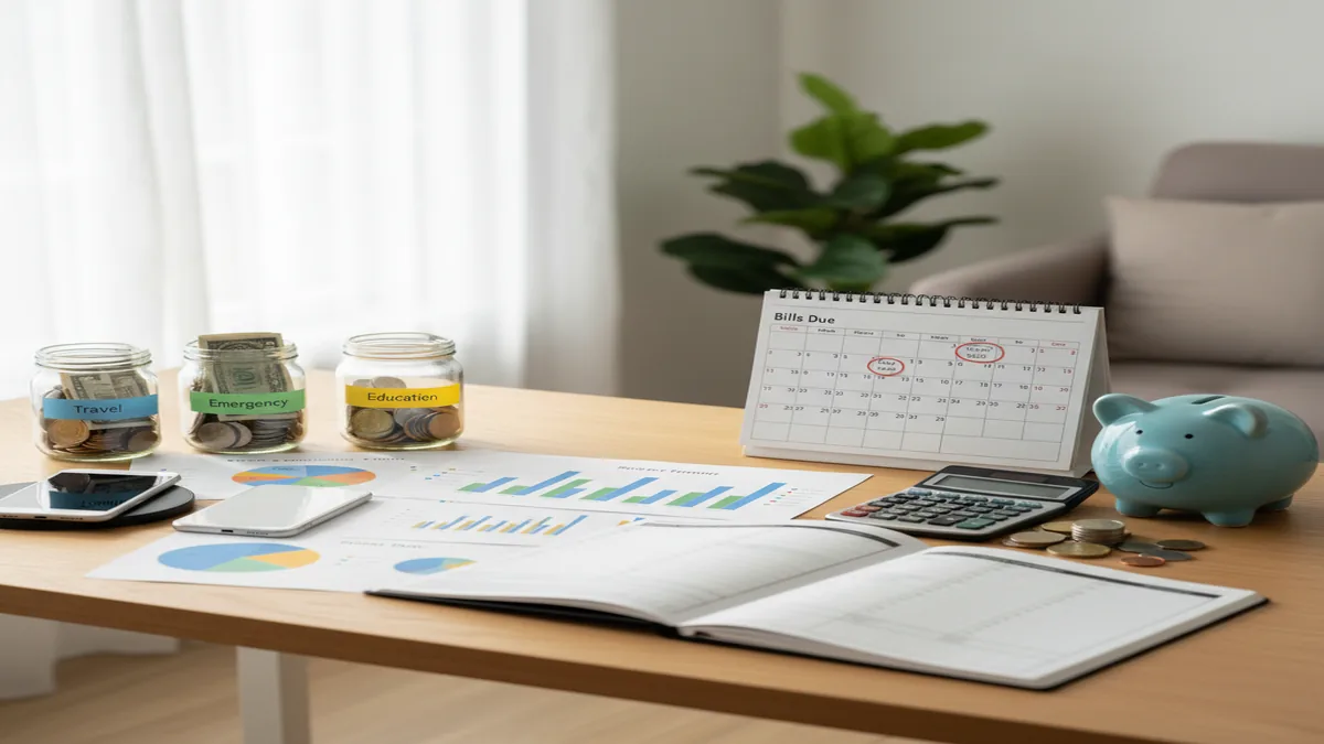 Two phones beside a paper budget, envelopes, bills, calculator, and savings jars on a clean desk
