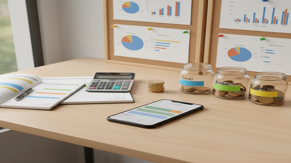 Hands using an iPhone beside a paper budget, calculator, and labeled savings jars.